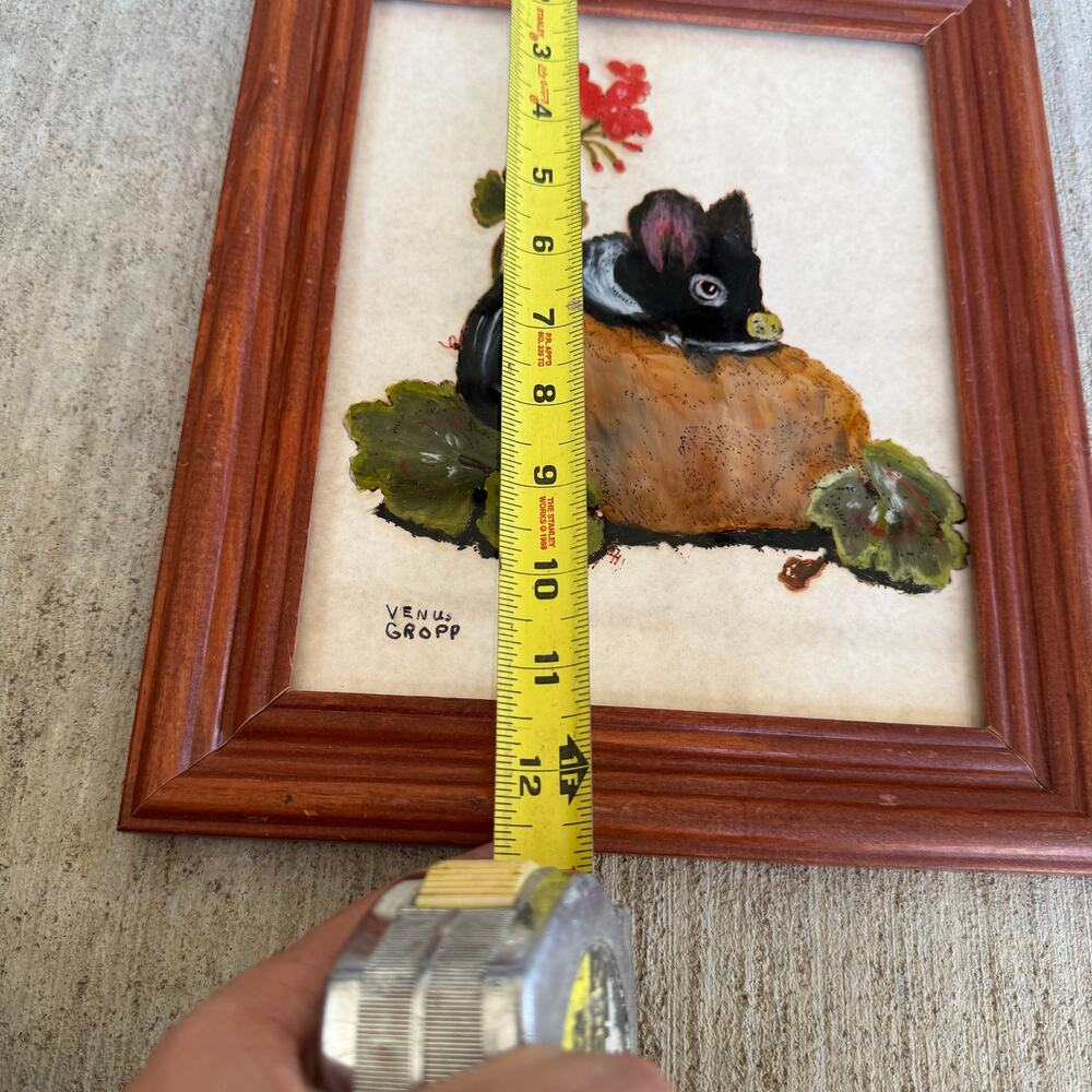 Vintage Painting? Of Black Pig & Flowers Wood Wood Framed 6x8 Signed Venus Gropp - Picture 3 of 4